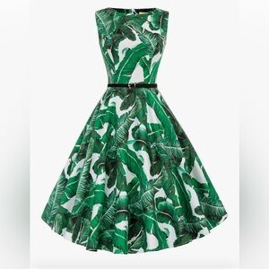 Grace Karin Green Leaf Print Midi Dress